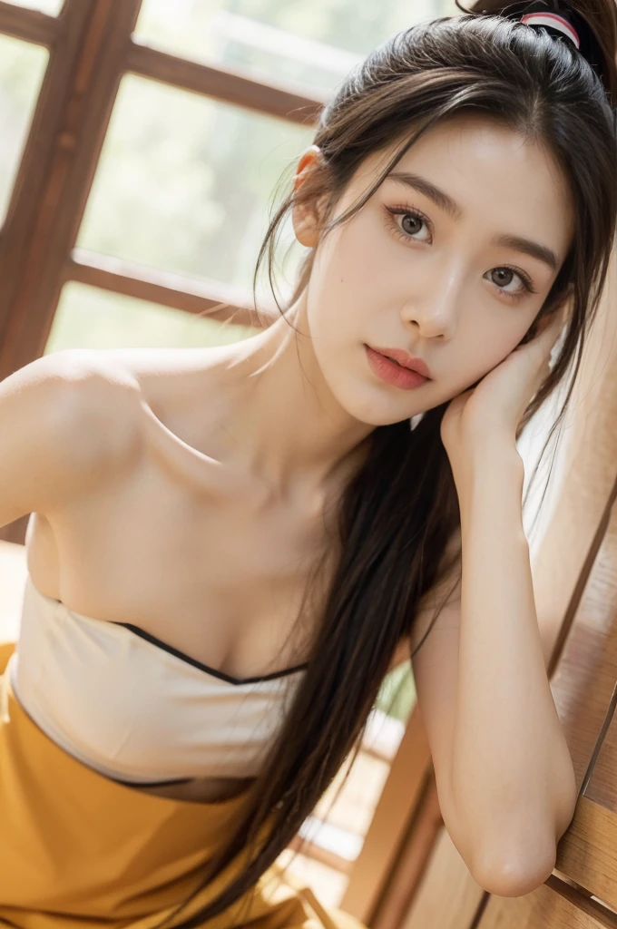 (((best quality))),(((ultra detailed))),(((masterpiece))),illustration,1girl,solo,short ponytail,slim,thin,small breasts,flat chest,strapless white bra,in kendo gym,focused and determined expression,ready for challenge,slender and elegant face,confident and resilient,fair skin,blush,neat teeth,bright smile,clean and tidy uniform,wooden gym floor,wall,pine scent,standard grip,ready to slice through obstacles,strong belief,determination,spirit of resilience,admiring,((from front,close-up of face))