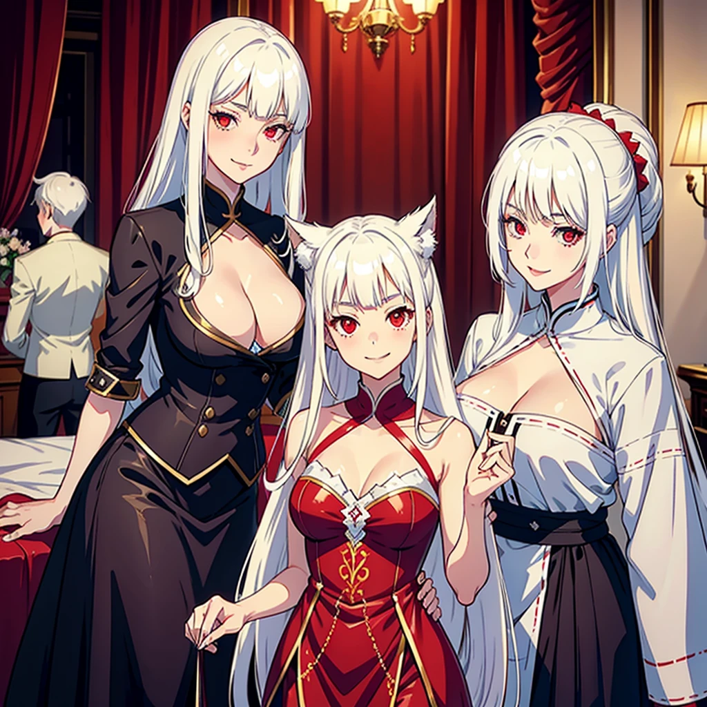 Many beautiful girls with white hair and red eyes，wear beautiful clothes side by side，Smiling in hotel room