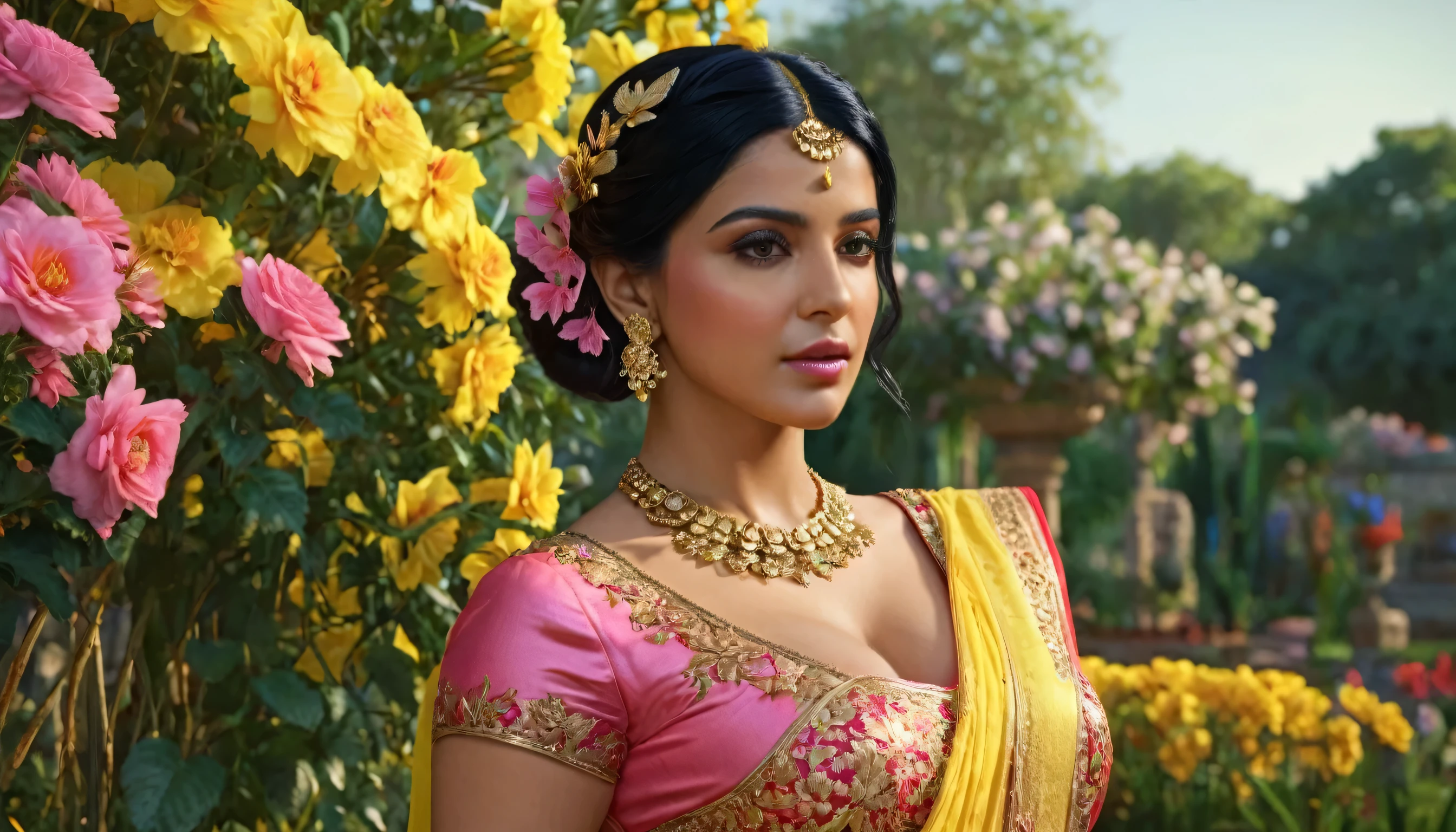 a middle east woman with black hair, beautiful detailed eyes, beautiful detailed lips, extremely detailed face, butterflies in her hair, wearing a pink saree dress with gold details, standing in a garden full of yellow, red, blue, pink flowers, ((large breasts)), (best quality,4k,8k,highres,masterpiece:1.2),ultra-detailed,(realistic,photorealistic,photo-realistic:1.37),intricate,ornate,highly detailed,hyper realistic,vivid colors,dramatic lighting,cinematic,ethereal,fantasy,elegant,beautiful,serene, (sharp focus subject)