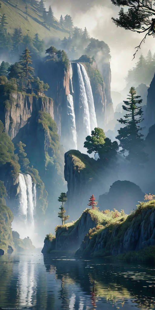 Analog style,ChromaV5,nvinkpunk,(extremely detailed CG unity 8k wallpaper),An image of a majestic river, trees on the sides, tiny waterfall, intense fog ,award winning photography, Chromatic Aberration, Detailed , HDR, Bloom, style by Monet, Pissarro, and Sisley ,trending on ArtStation, trending on CGSociety, art by midjourney