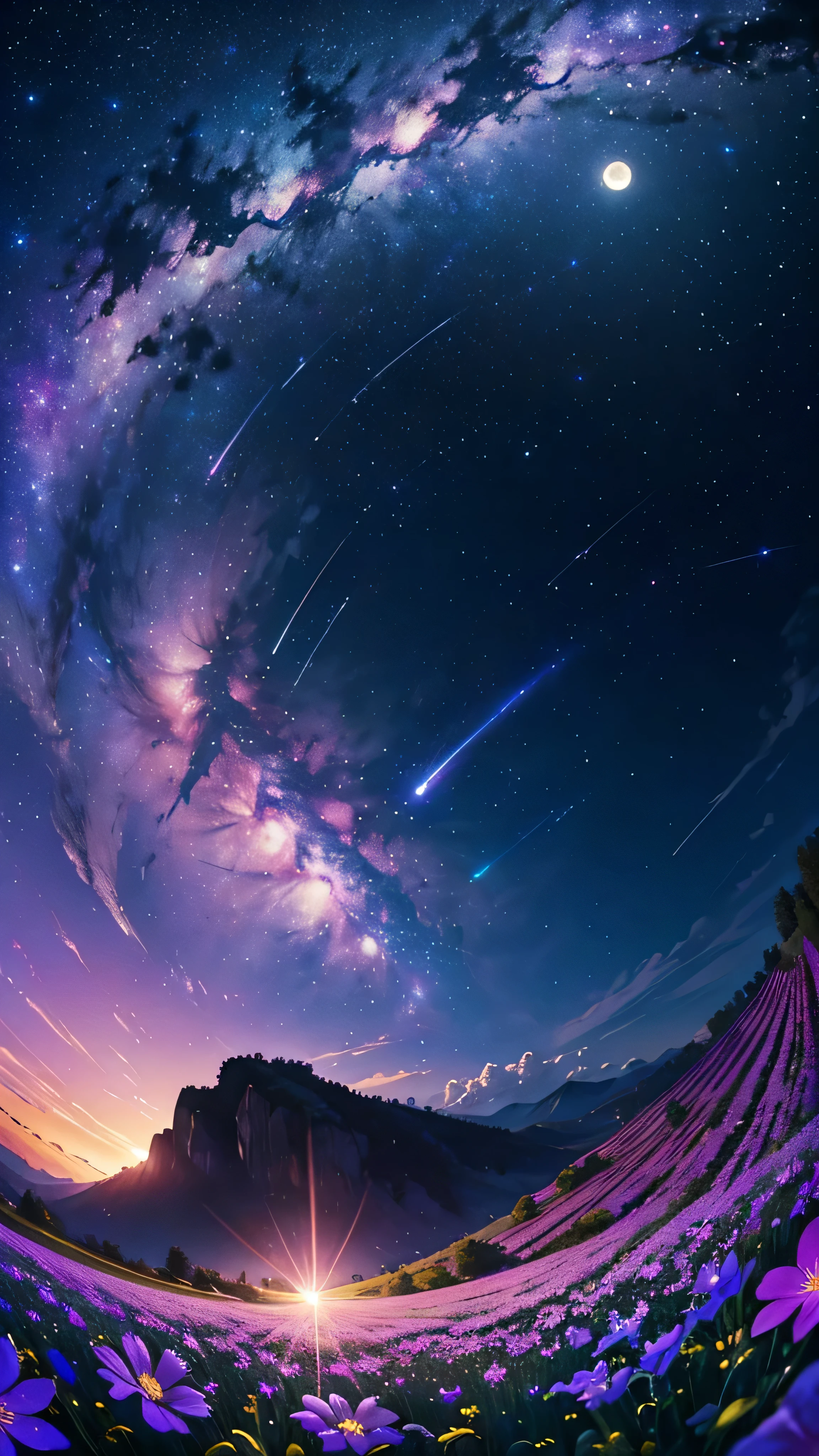(masterpiece), Highest quality, beautiful flower field at night, nice sky with stars and constelations, Volume Cloud, Beautiful Clouds, (full moon), a Magic atmosphere, Dreamy image, Vast landscape photography, There are many different colored flowers blooming in the fields., Feeling calm and peaceful, Breeze, the scenary has a Magic glow, fire Fly, Beauty in the details, Natural beauty,astronomical photography, Nature Observation, Bright Moon,
break nebula, milk way, Space Sky, Starry Sky, Fisheye Lens, Dynamic Angle, (Dynamic configuration:1.4), Professional image,Production art, Complex, Fascinating, nice,Breathtaking,wonderful, Magic, Volumetric Light,  [purple]