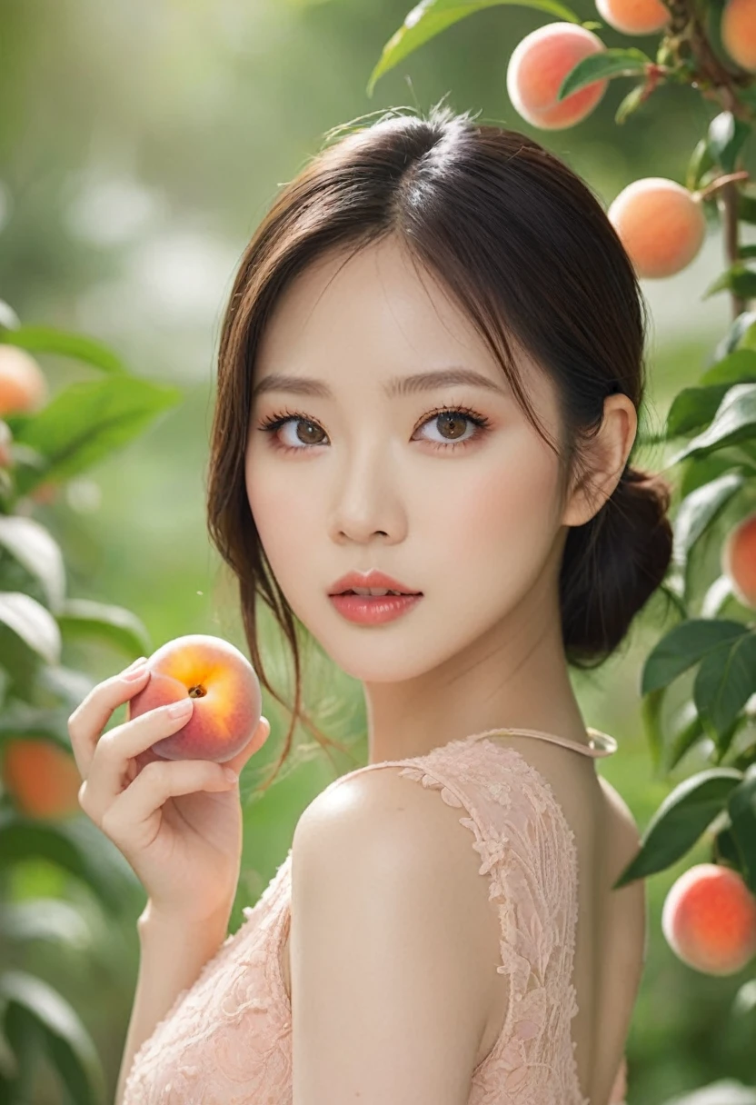 a beautiful Thai actress Baifern Pimchanok, beautiful detailed eyes, beautiful detailed lips, extremely detailed eyes and face, long eyelashes, beautiful face, serene expression, holding a piece of peach, standing in a middle of a peach garden, natural lighting, professional portrait, captured by mirrorless camera with 135mm lens, 8k, ultra-detailed, realistic, photo-realistic, physically-based rendering, vivid colors, natural lighting, warm color tones, detailed foliage, flower petals around, intricate details