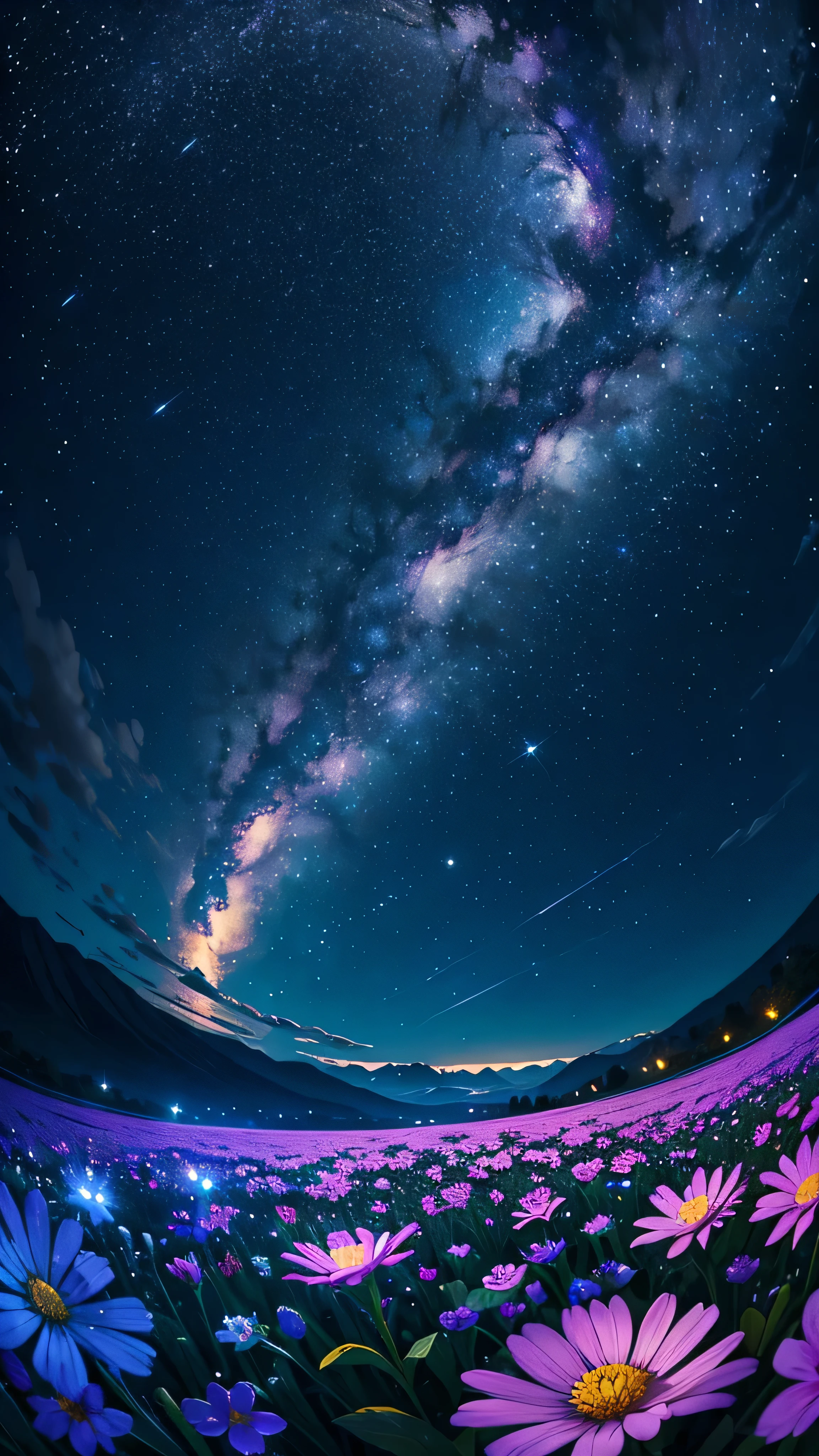 (masterpiece), Highest quality, beautiful flower field at night, nice sky with stars and constelations, Volume Cloud, Beautiful Clouds, (full moon), a Magic atmosphere, Dreamy image, Vast landscape photography, There are many different colored flowers blooming in the fields., Feeling calm and peaceful, Breeze, the scenary has a Magic glow, fire Fly, Beauty in the details, Natural beauty,astronomical photography, Nature Observation, Bright Moon,
break nebula, milk way, Space Sky, Starry Sky, Fisheye Lens, Dynamic Angle, (Dynamic configuration:1.4), Professional image,Production art, Complex, Fascinating, nice,Breathtaking,wonderful, Magic, Volumetric Light,  [purple]