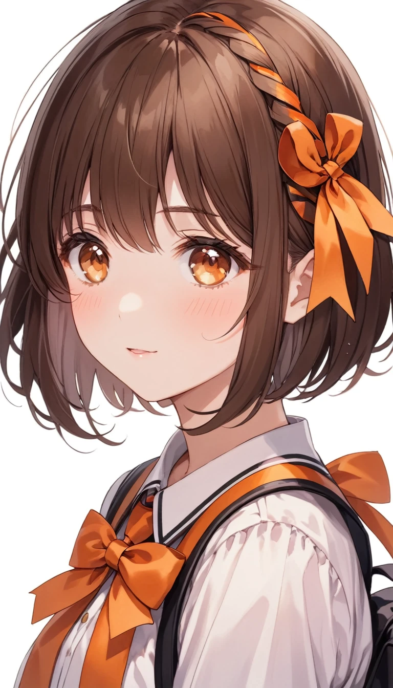 Best quality, 4k, hair ribbon, cute school girl, brown hair, short hair, orange eyes, adult, shy, heart