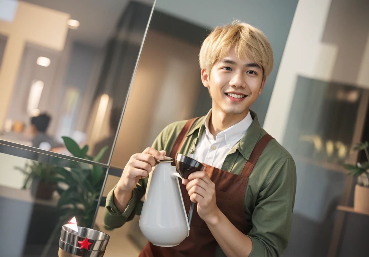 , 8k, asian boy,cutie,beautiful,young (23old)realism,photorealism,hd,4k,8hd 
1boy, apron, brown eyes, blond medium hair, cup, green shirt, holding, indoors, kettle, long sleeves, looking at viewer, male focus, medium hair, mole, mole under eye, plant, potted plant, pouring, red eyes, reflection, shirt, smile, solo, star \(symbol\), teapot, upper body, white shirt, window