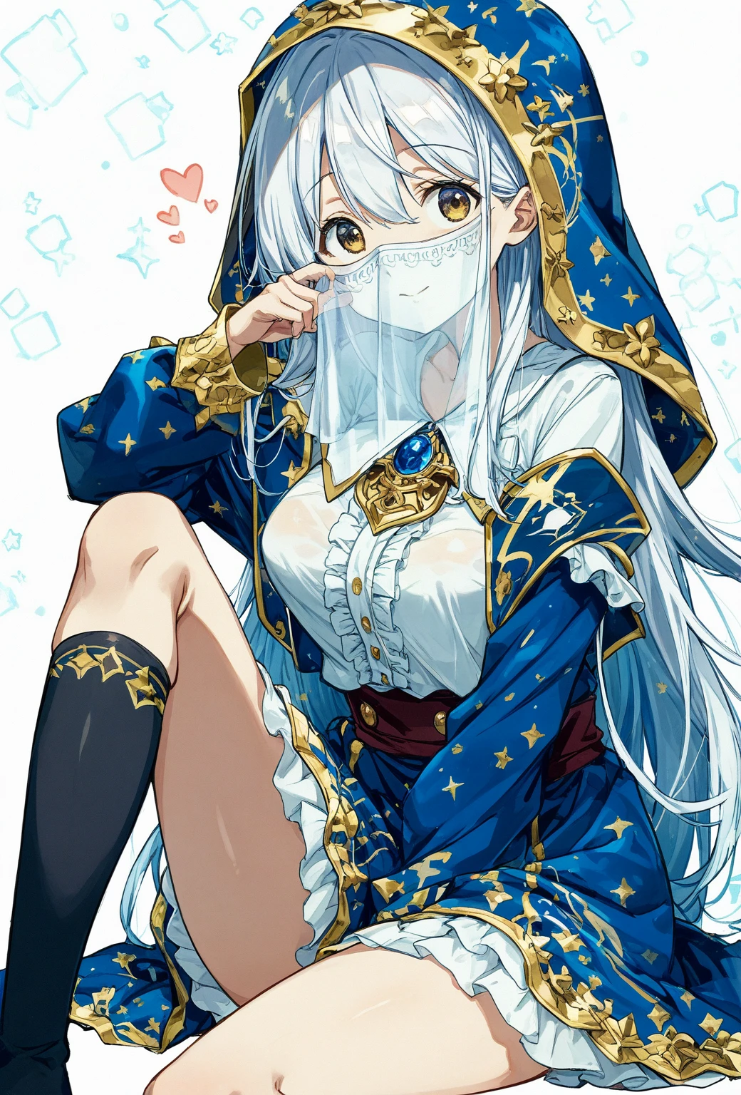 ((Highest quality)), ((masterpiece)), ((Very detailed)), (Very mature),A cute high school girl with a gentle look, white hair and about 165cm tall.,A high school girl with a cute smile and ample breasts wearing a transparent black wavy top with a cute patterned hood that shows off her shoulders, 顔が若干縦方向に長いbright笑顔の女性,Small Faced Woman,alone, Cute attitude,(background(bright),Long Hair - Straight,Knee-high socks、A transparent white veil with a cute pattern and a hood with white off-the-shoulders,White wall、Sitting、Facing the viewer、縁に模様がある壁が1面のbackground