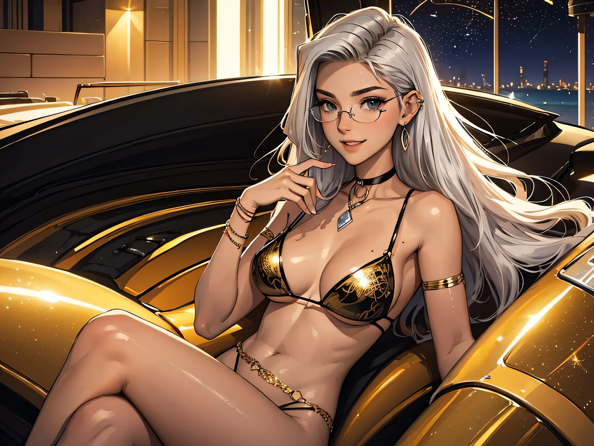 tmasterpiece，（tmasterpiece，top-quality，best qualityer），1girll， jewely，耳Nipple Ring，choker necklace，bangle， hoop earings， circle glasses，sun glasses， Long hair and long meat， Blonde hair，Black color hair，Silvery-white hair，Maroon hair， solo， ssmile， looking at viewert， motorvehicle，The Car， Sports cars，groundvehicle， Sat down， exteriors， daysies， nedium breasts，Open navel， dark skinned female， floral patterns， grinning smile，collars，Laser cloth，Sexy bikini，laser，holy rays，gold foil，Gold leaf art，glitter drawing，Correct anatomy，Detailed face, Detailed eyes，Chest exposed，(miami, night life)