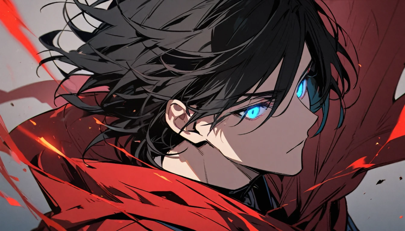Male, solo, handsome, black hair, blue eyes, red cloak, young, half body, glowing eyes