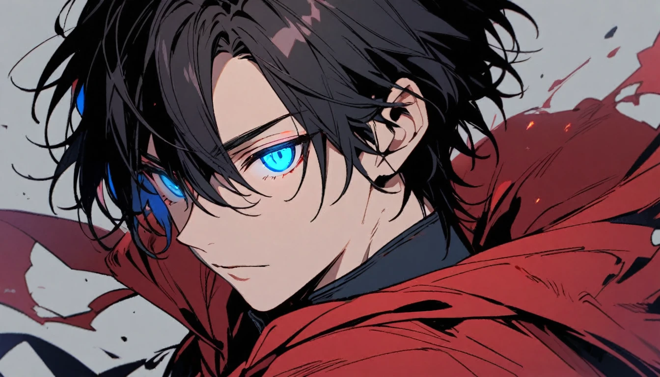 Male, solo, handsome, black hair, blue eyes, red cloak, young, half body, glowing eyes