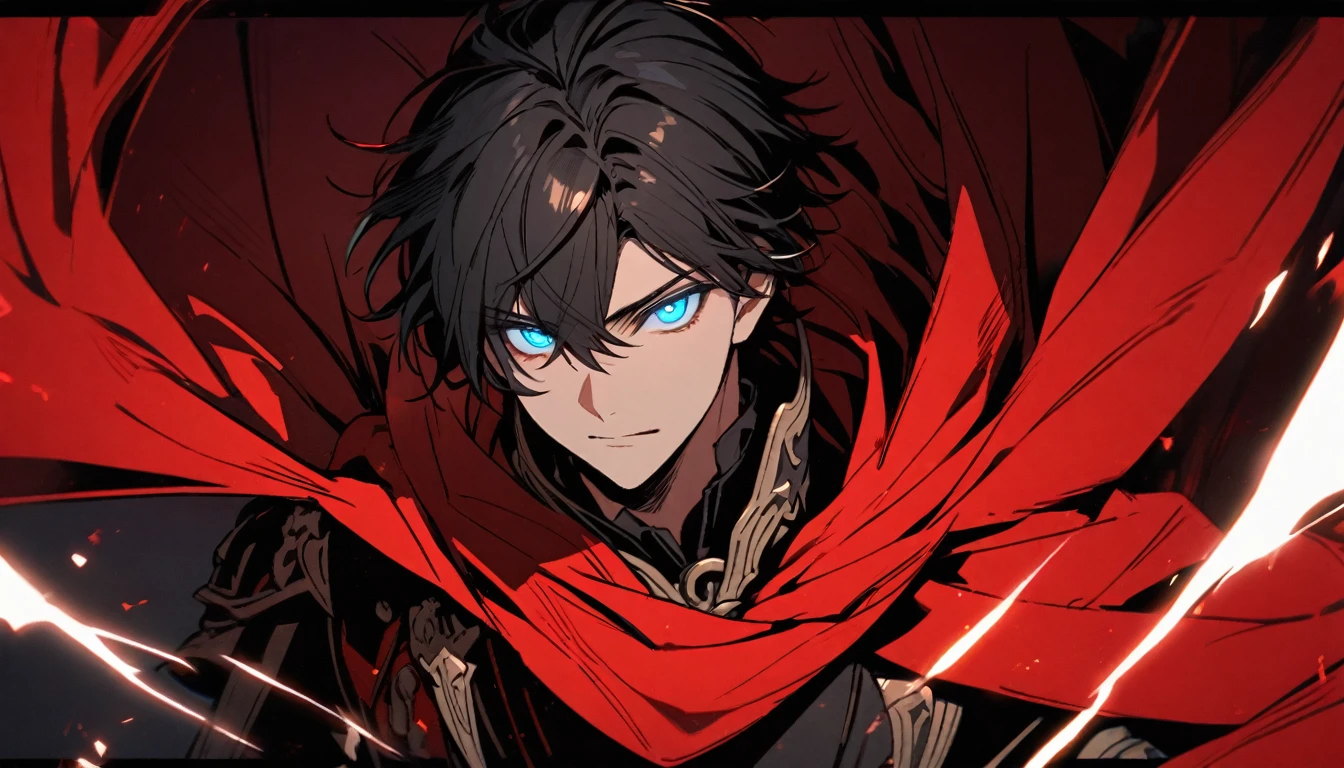 Male, solo, handsome, black hair, blue eyes, red cloak, young, half body, glowing eyes