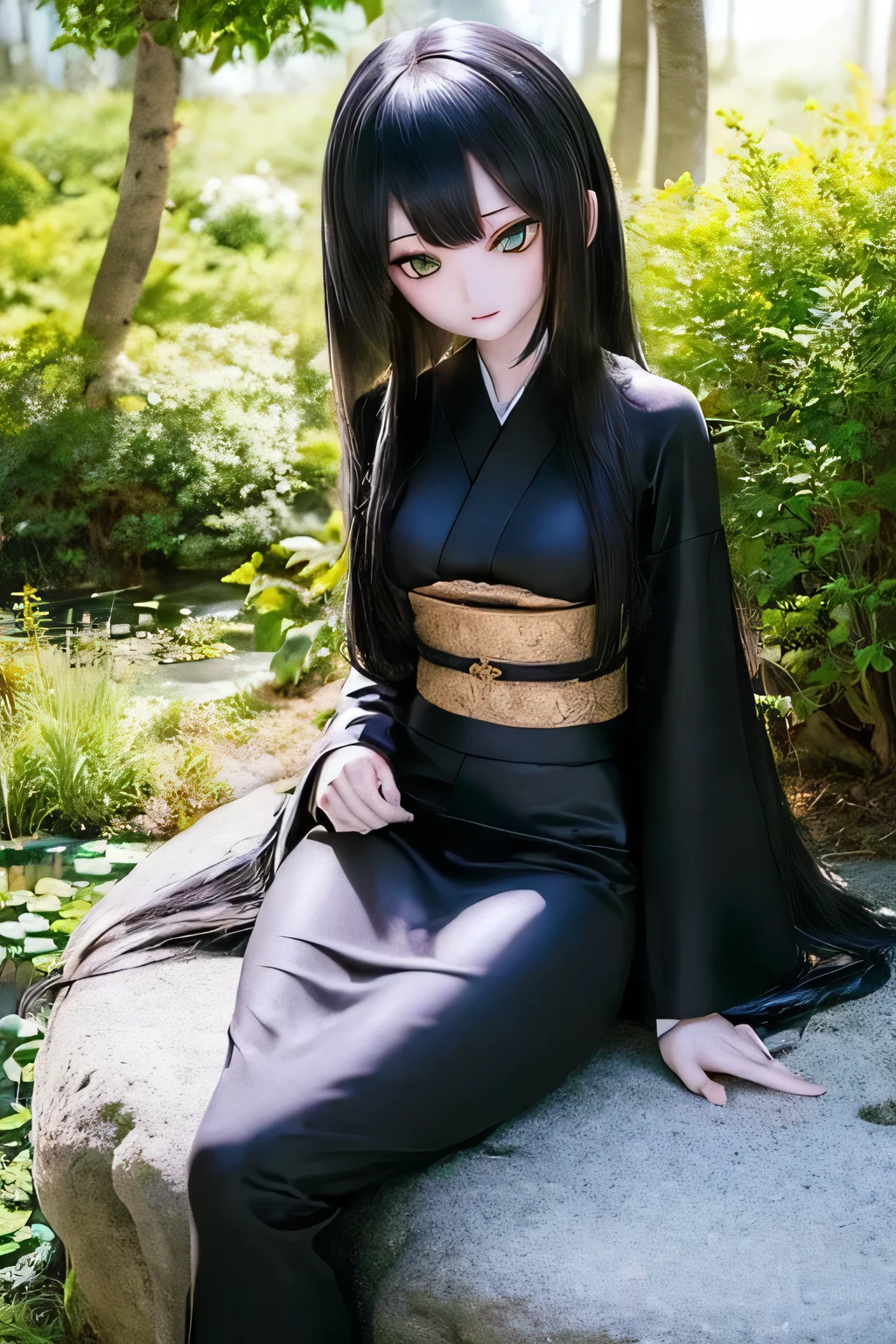 (SFW:2), photorealistic, realistic photo, ((highest quality)), ((masterpiece)), (extremely detailed), kukolnydom, doll, (mature woman:1.6), solo, ((full body, sitting on the rock, skinny, slender, slim, black kimono)), green eyes, parted lips, (black hair, long hair, looking at another, blank eyes, empty eyes, detailed eyes:1.3), hair ornament, Japanese garden, 8k