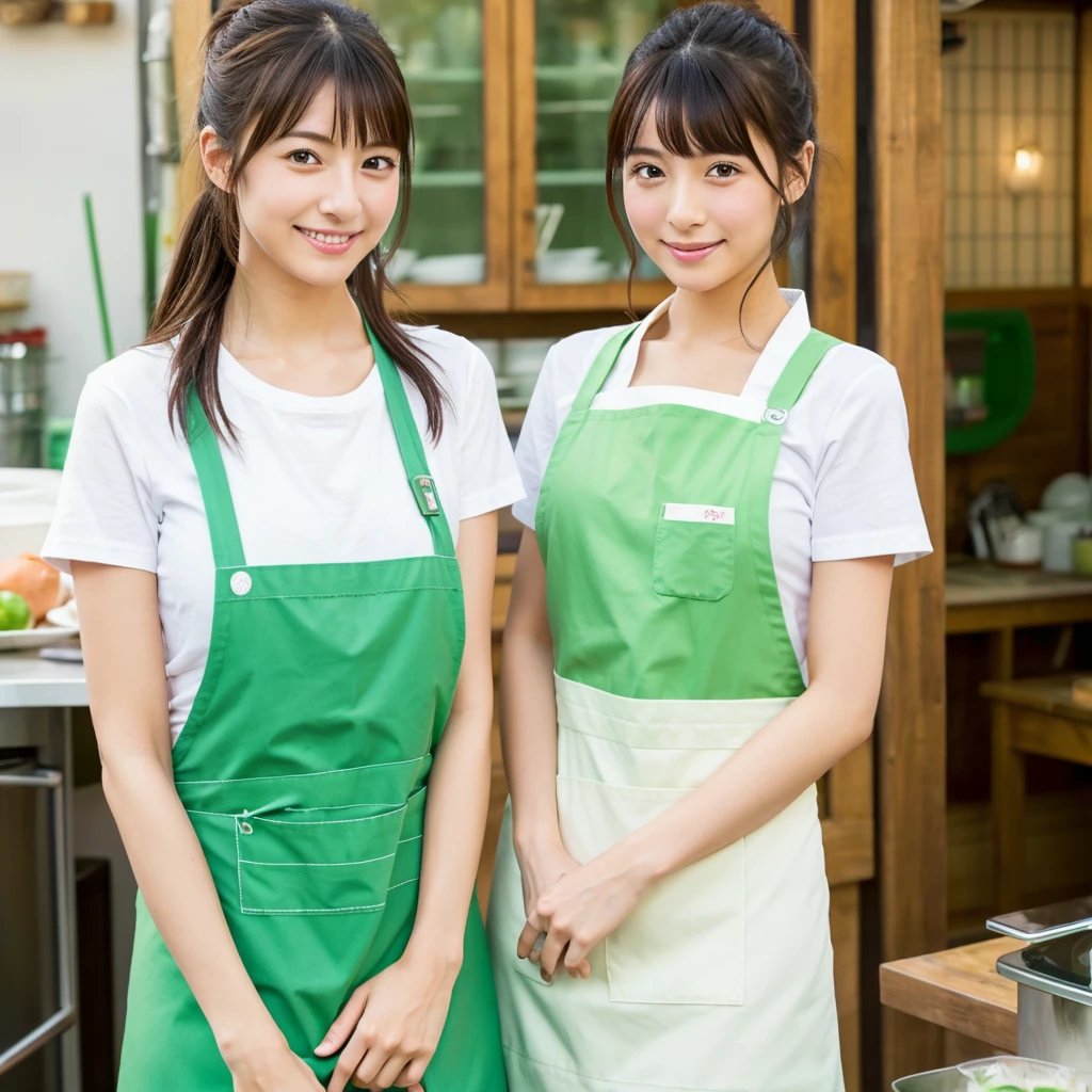 Realistic Japanese woman wearing a green apron, Cooking, White T-shirt, 1 person, Young and cute gravure idol, Young and sexy gravure idol, Beautiful Japanese woman&#39;s face, For whom?, Realistic young gravure idol, Brown Hair, Semi-short hair, 