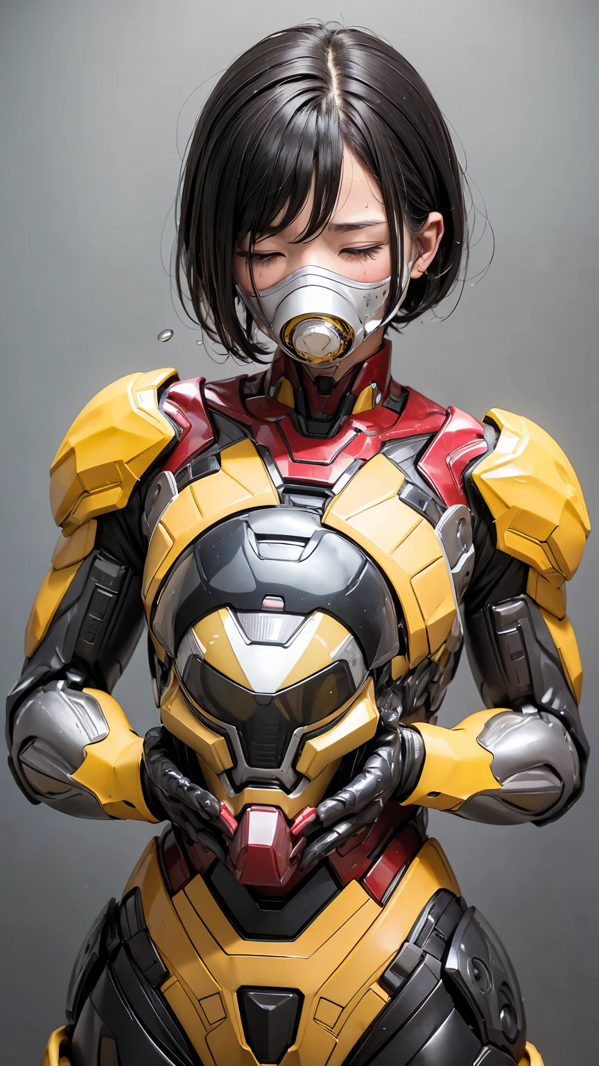 Highest quality　8k Yellow and black Iron Man suit girl　Kindergarten girl　Sweaty face　cute　short hair　boyish　Steam coming from the head　My hair is wet with sweat　Black hair feel　Full body portrait　My upper body is soaked　close your eyes　bare hands　Close-fitting gas mask