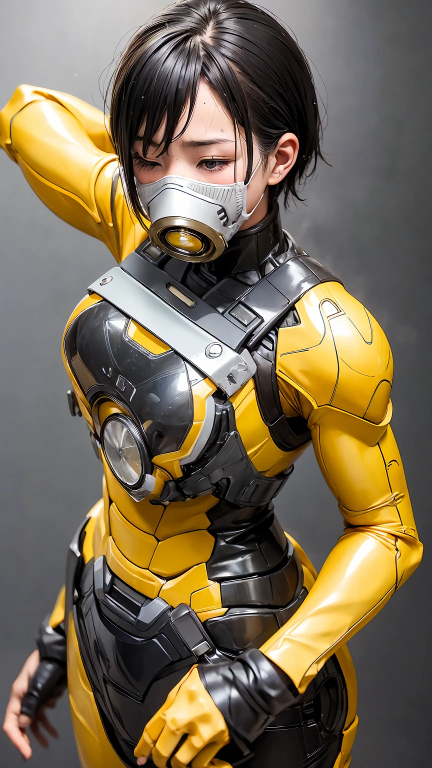 Highest quality　8k Yellow and black Iron Man suit girl　 girl　Sweaty face　cute　short hair　boyish　Steam coming from the head　My hair is wet with sweat　Black hair feel　Full body portrait　My upper body is soaked　close your eyes　bare hands　Close-fitting gas mask