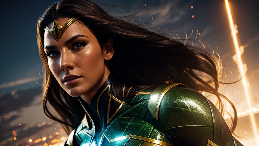 a beautiful female superhero of the justice league, extremely detailed face, beautiful eyes, full lips, long eyelashes, flowing hair, tight superhero costume, dynamic pose, muscular physique, glowing energy aura, cinematic lighting, vibrant colors, 8k, photorealistic, digital art, concept art, hyperrealistic