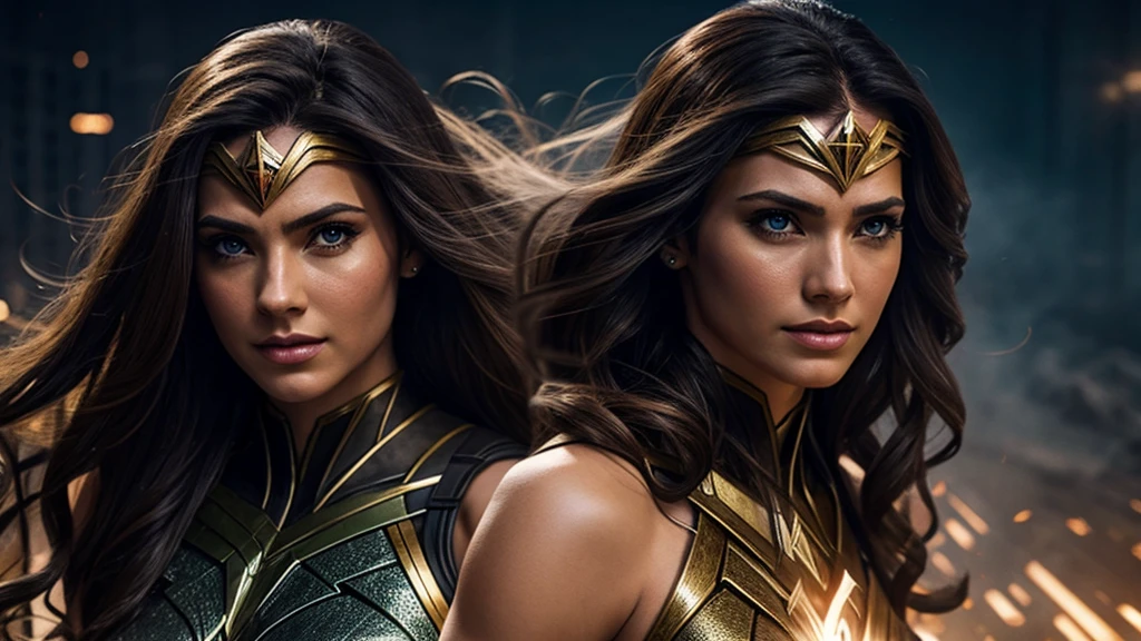 a beautiful female superhero of the justice league, extremely detailed face, beautiful eyes, full lips, long eyelashes, flowing hair, tight superhero costume, dynamic pose, muscular physique, glowing energy aura, cinematic lighting, vibrant colors, 8k, photorealistic, digital art, concept art, hyperrealistic