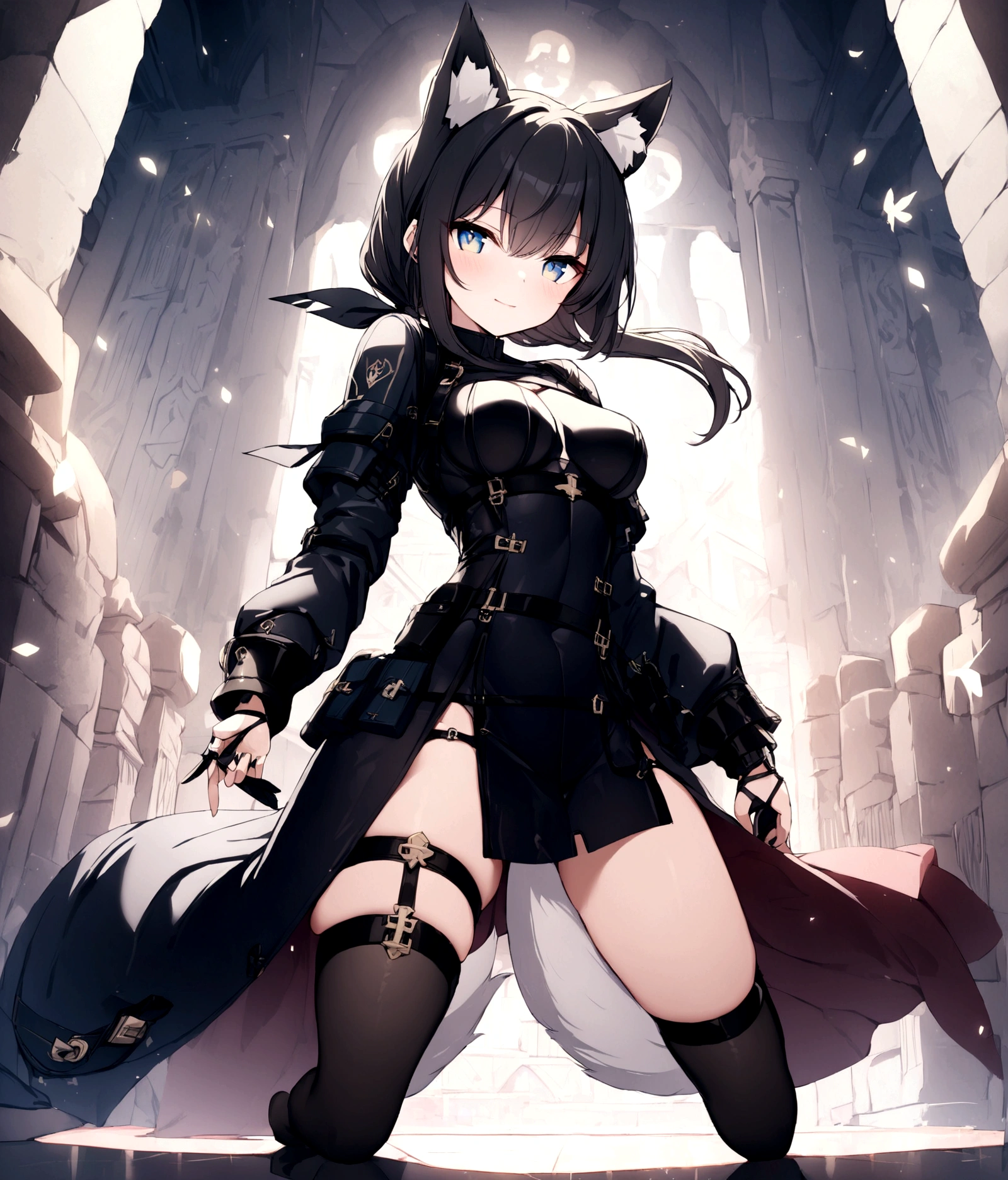 (1girl, Masterpiece, best quality) (detailed and beautiful eyes:1.6) (perfect hands, perfect anatomy) (full body)) (Adult body) Fox-girl Misaki has (short black hair), (Fox-ears). ((She wears a black full cover leather fantasy, medieval adventurer armor with additional coat. She has a one black **fluffly** fox tail. She has over-to-knee socks. Her position shows strength and readness for battle.