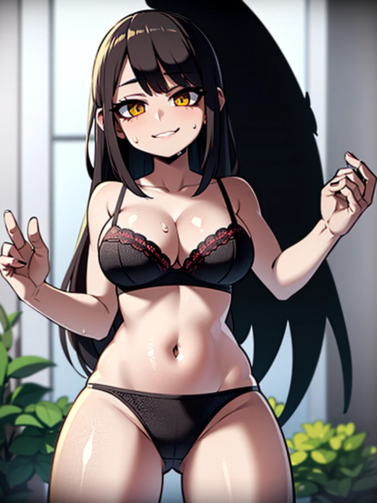 (Best quality, 8k, 32k, Masterpiece, UHD,:1.2),RAW, 1girl,ultra cute , natural lighting,transparent shining eyes, 20yo ,fair complexion, devil, demon, wings, wariza, black and red bra and panties, emphasizing the Cleavage, sexy, From Below, underboob, wedgie, Sweat