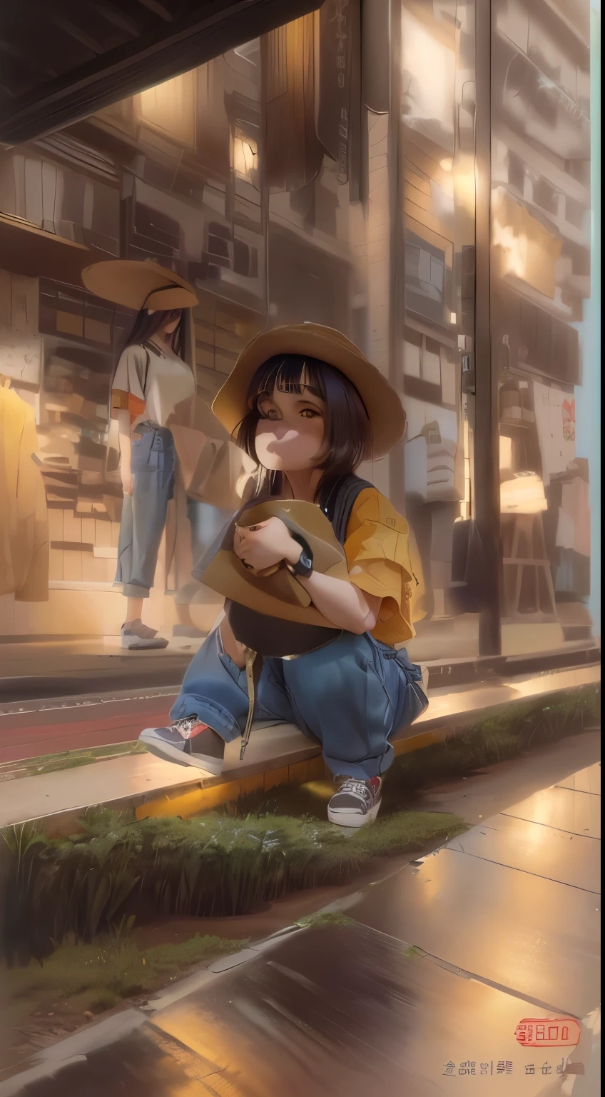 A Shih Tzu dog wearing a plaid shirt and denim shorts,Wearing a loose hat,Stand on a country road,Appear relaxed。Photorealistic style,Daily Wear,Casual clothing style。