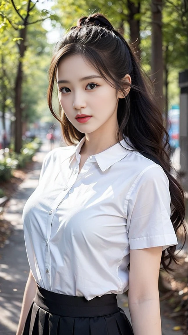 ((best quality, 8K, masterpiece: 1.3)),), Key Points: 1.2, Perfect body beauty: 1.4, Hips: 1.2, (Layered Hairstyle: 1.2)), (Dark Street: 1.3), Highly detailed face and skin textures, whole body, Beautiful eyes, Double eyelids, Skin Whitening, Long hair, (Round Face: 1.5), (skirt: 1.6). (A girl in the forest),