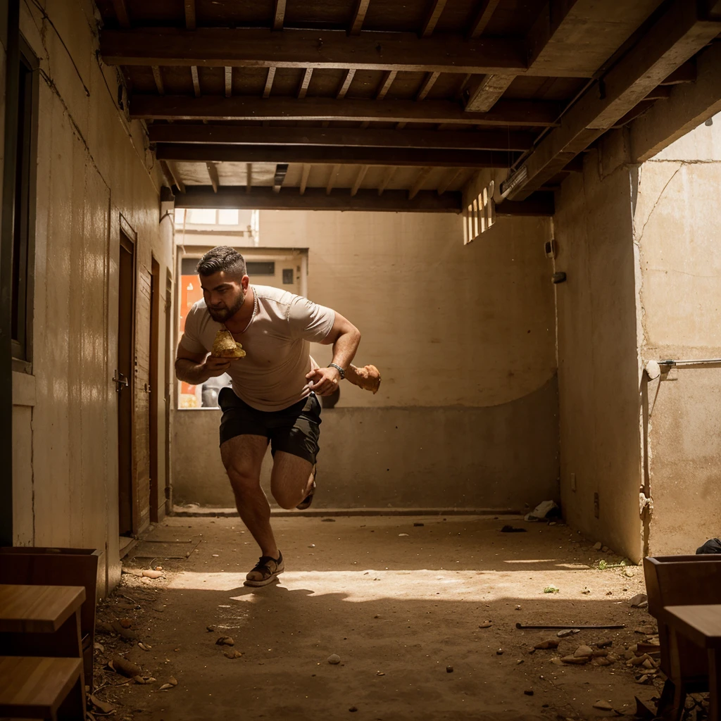 A man with shawarma in his hands runs away from a pig, escape from the pig, Shawarma, большая Shawarma, огромная Shawarma, man holding shawarma in two hands, a man quickly runs away from a pig, большая длинная Shawarma, shavuha is huge, lavash, a huge pig runs after a man