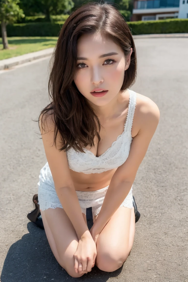 ((Superior quality, 8k, Masterpiece: 1.3)), beauty, 1 girl, beautiful: 1.3, slim abs: 1.1, dark brown hair, (kneeling on the ground, legs open: 1.2), Ultra detailed face, Very detailed lips, detailed eyes, double eyelids