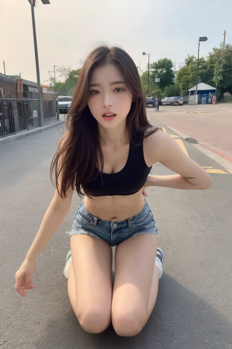 ((Superior quality, 8k, Masterpiece: 1.3)), beauty, 1 girl, beautiful: 1.3, slim abs: 1.1, dark brown hair, (kneeling on the ground, legs open: 1.2), Ultra detailed face, Very detailed lips, detailed eyes, double eyelids