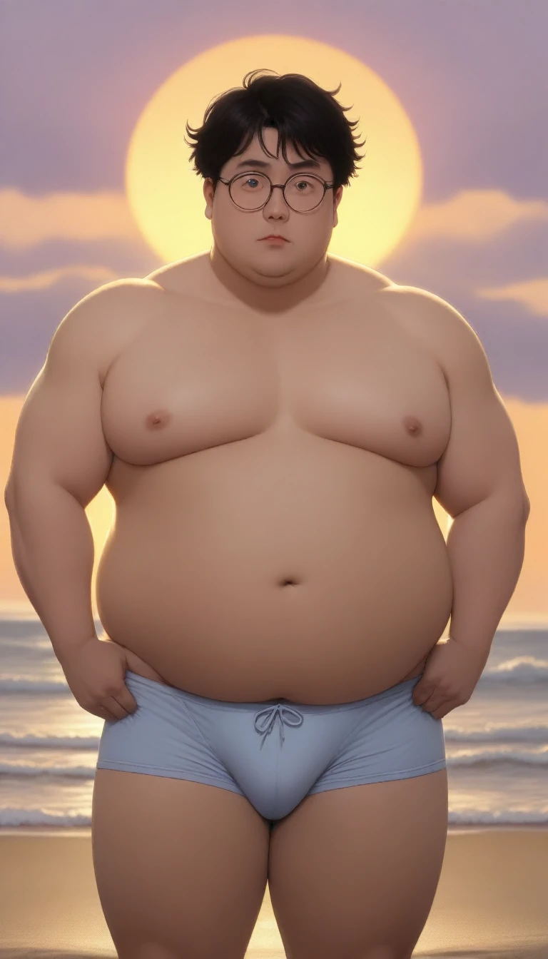 A fat man，Big eyes，Black round glasses，short hair，Round inches，Big round face，Very large and well-developed chest muscles，Big full belly，Standing on the beach far away from the setting sun，The upper body is bare，Wearing briefs with bulge in the crotch，Oriental male，full-body shot