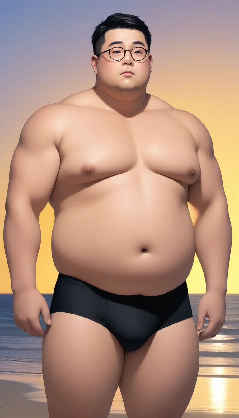 A fat man,Big eyes,Black round glasses,short hair,Round inches,Big round face,Very large and well-developed chest muscles,Big full belly,Standing on the beach far away from the setting sun,The upper body is bare,Wearing briefs with bulge in the crotch,Oriental male,full-body shot
