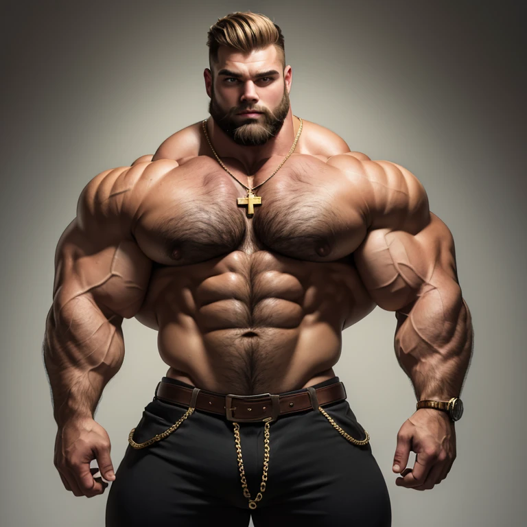 Whole body image of an Absolute monster of a cowboy Caucasian bodybuilder in a 'double bicep' pose. Huge huge shoulders, three times as wide as his waist, he is as broad as he is tall. 20 years old. Blond, close cropped beard, powerfully muscled, massive shoulders and biceps. well-defined six pack. Exceptionally thick gold cross necklace. field background