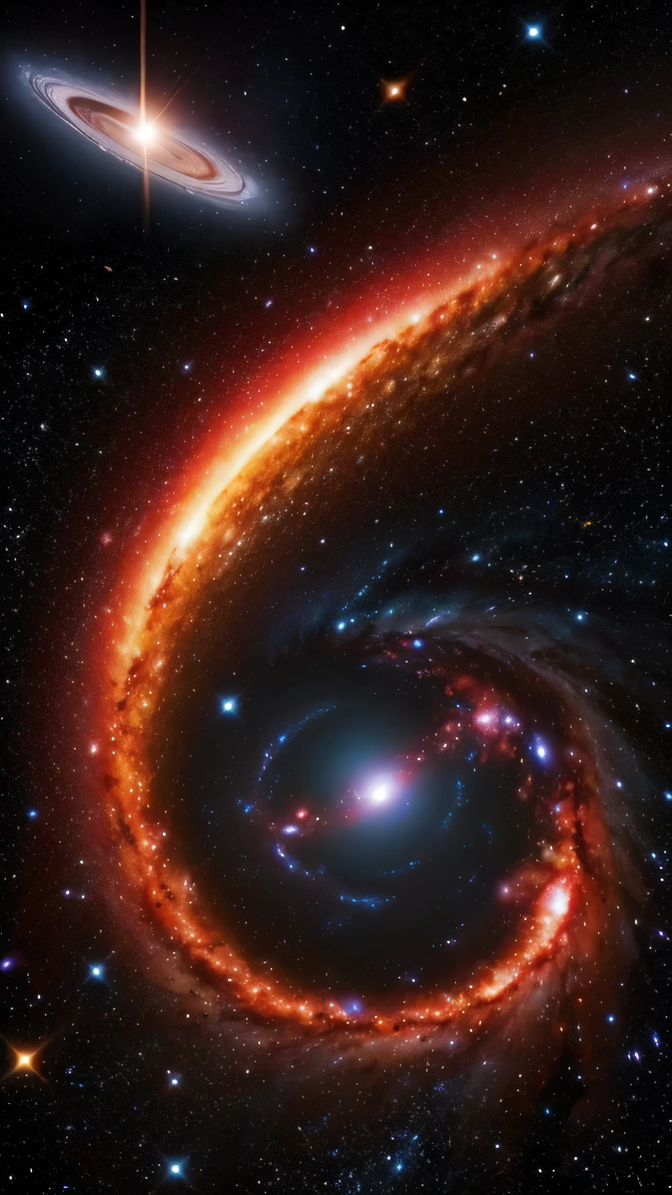 A distant black hole is destroying the Milky Way galaxy，Located in space，Deep starry sky，Infinite Universe，Mysterious，Fantasy，Erupting volcano，There are many dangers，There was magma everywhere 
