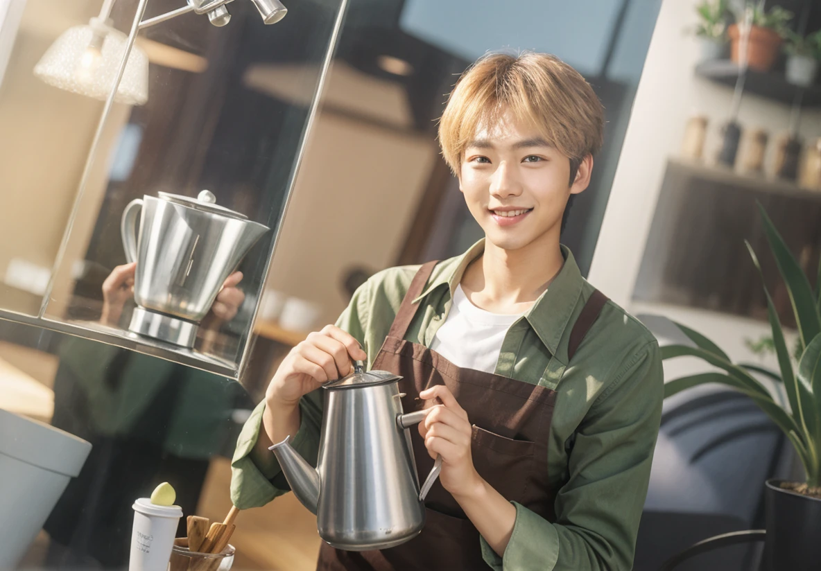 realism,photorealism,hd,4k,8hd
1boy,Korean guy,Very beautiful, model appearance, photogenic, Good quality, nice light,Work in a cafe, barista apron, brown eyes,blond long hair, cup, green shirt, holding, indoors, kettle, long sleeves, looking at viewer, male focus, medium hair, mole, mole under eye, plant, potted plant, pouring, red eyes, reflection, shirt, smile, solo, star \(symbol\), teapot, upper body, white shirt, window