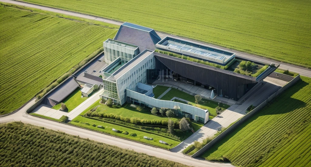 aerial view, master view, grass, day, line, curve, highquality, realistic photo, canon eos 5D mark, [[[architech1904]]], natural light, (realistic: 1.2), sharpen edge, green architecture, morden building.
