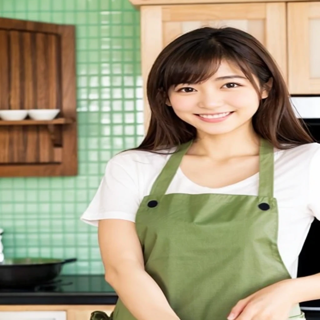 Realistic Japanese woman wearing a brown apron cutting a carrot with a knife and cutting board, Cooking, White T-shirt, Young and cute gravure idol, Young and y gravure idol, Beautiful Japanese woman's face, For whom?, Realistic young gravure idol, Brown Hair, Semi-short hair,