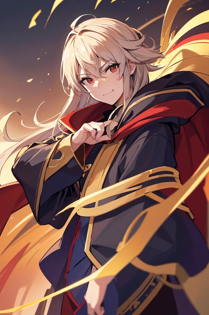 Highest quality, masterpiece, High resolution, alone, （Fire emblem），（FE Heroes_Eltshan），Evening sky_background，Middle Age_male，（smug face），（gold_Hair Color）, 4K, masterpiece,， alone, 1,whole body，looking at the camera, Fumaru，Red_Cape，（black_coat），Big Sword，Sharp Eyes，（Full Finger）, （The finer details）, （Anatomically correct）, (映画のbackground), Hyper Detail, (Subtle details), (Intricate details)