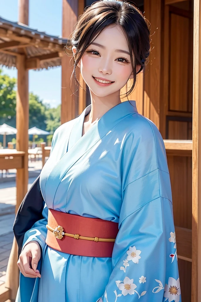 A beautiful smiling woman in a kimono greets people with a cheerful "Good morning" as her arms open under the blue sky