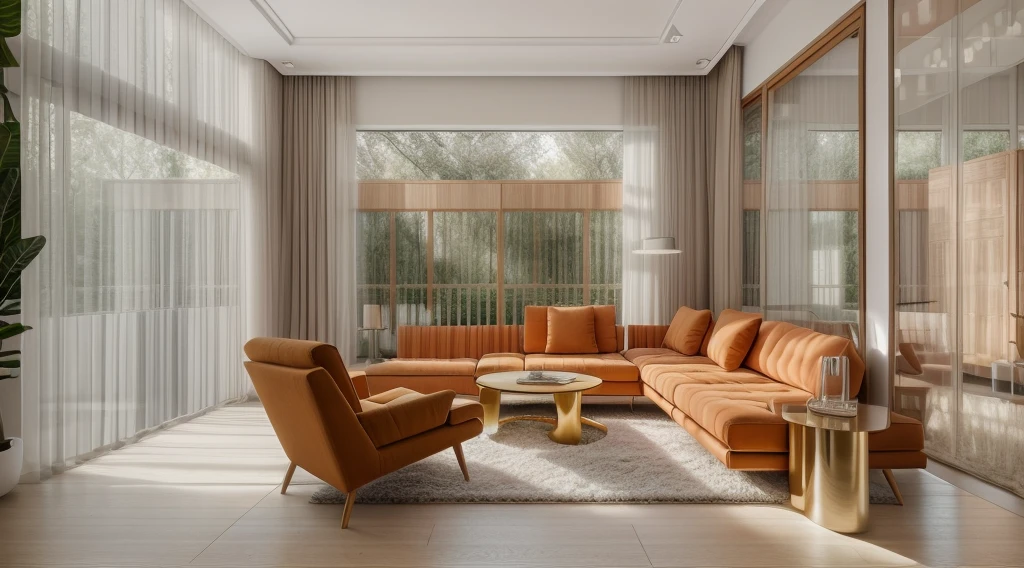 RAW photo, 8k uhd, dslr, soft lighting, high quality, film grain, Fujifilm XT3, interior of living room, modern style, sofa, chair, sheft, rug, carpet, tivi, tree, gate, daylight,