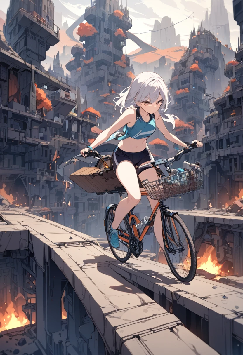 a girl rides a bicycle, in running shorts, short shorts, complex plumbing structure, volcanic city