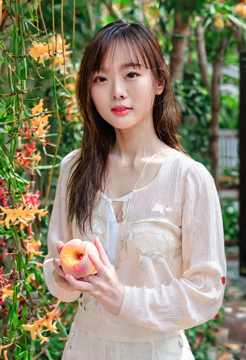 a beautiful Thai actress, beautiful detailed eyes, beautiful detailed lips, extremely detailed eyes and face, long eyelashes, beautiful face, serene expression, holding a piece of peach, standing in a middle of a peach garden, natural lighting, professional portrait, captured by mirrorless camera with 135mm lens, 8k, ultra-detailed, realistic, photo-realistic, physically-based rendering, vivid colors, natural lighting, warm color tones, detailed foliage, flower petals around, intricate details