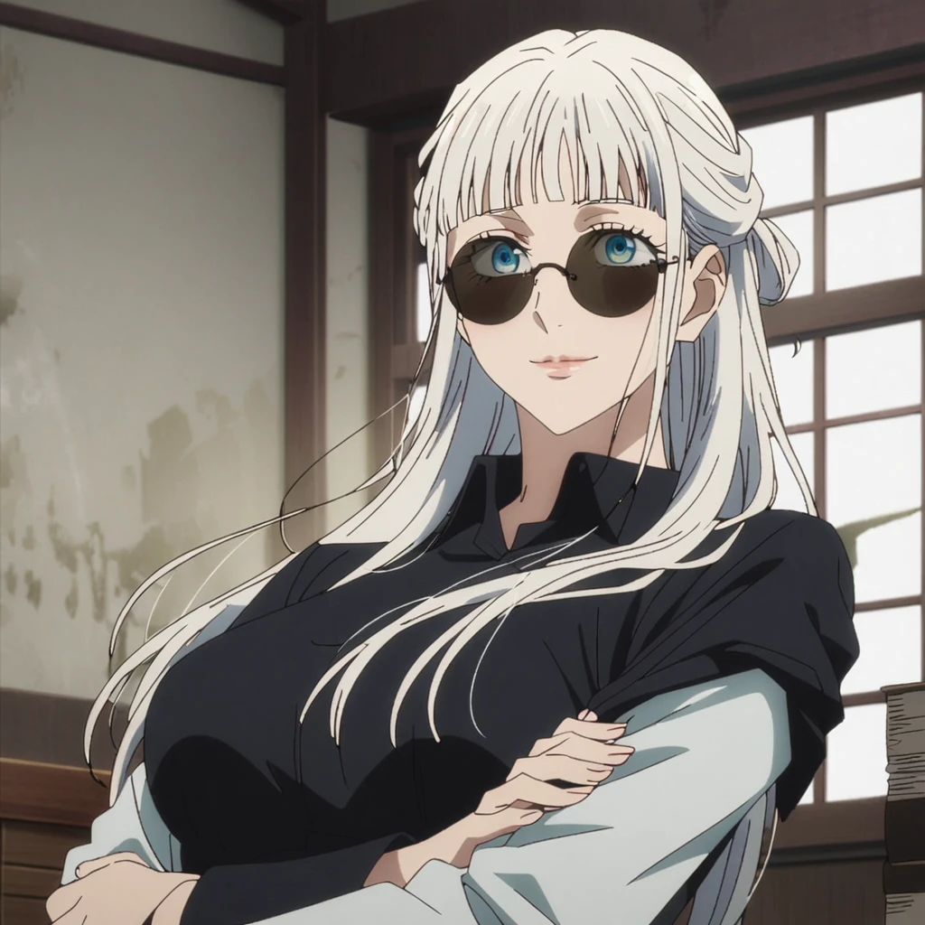 1girl, female gojo satoru, anime screencap from jujutsu kaisen, gojo satoru female version, solo, long_hair, (blue eyes), white_hair, window, breasts, upper_body, smile, indoors, book, bangs, blue_eyes, lips, (wearing round sunglasses) , ((her hairstyle : The character in the image has long, "straight white hair" with bangs. The hair falls freely over her shoulders and down her back)) wearing black colour collared outfit, breast, "very detailed and high resolution" (blue eyes) ((cross arms))