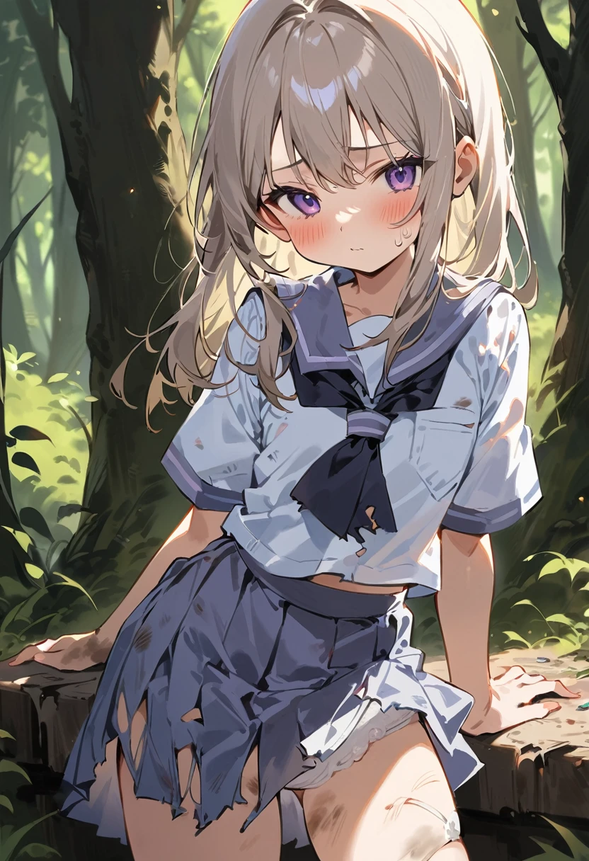 beautiful detailed girl,(masterpiece,best quality,extremely detailed:1.2),((cowboy shot:1.1)),(solo,10 years old,kawaii,slender,small breasts:1.25),(pained look:0.8),((white underwear) in ((Torn school uniform)):2),(dirty:2),blush,shy,weep,standing,(deep forest:1.5),(hug:0.4),rating: general, newest,Sexy face,(primitive:1.1)