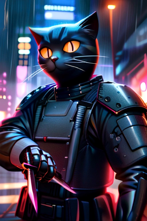 anthropomorphic black cat , epic poses. tactical armor , katana , daggers , rainy night , Cyberpunk , neon