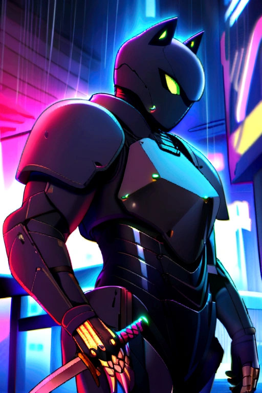 anthropomorphic black cat , epic poses. tactical armor , katana , daggers , rainy night ,  Cyberpunk  , neon 

