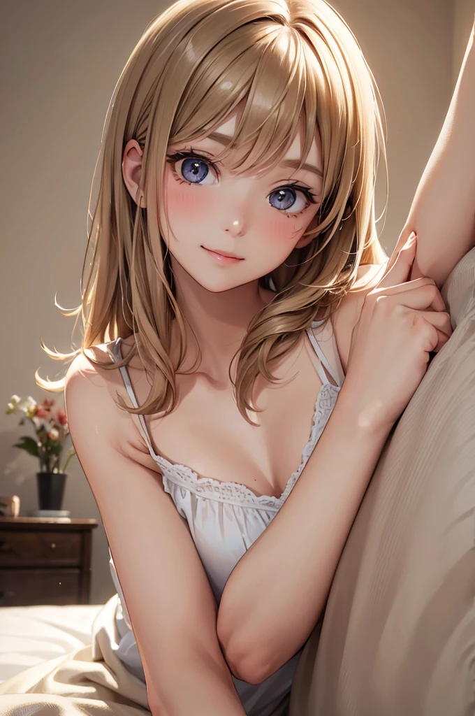 (Best Quality,High resolution,8K,finelity detailed background,Masterpiece:1.2),beautiful girl,Shiny khaki hair,messy hair,Khaki Eyes,Gentle look,A refreshing look,Best quality,Best Quality,Aesthetic and aesthetic:1.2,Best details((Super detailed))(High-definition CG illustrations),Glamorous black underwear (black,intricate lace),Slender body,night,Moonlight,Bedroom,On the bed,smile,blush,cute,Scrounge,Looking up,Being spoiled,Smiling Kindly,super model,wariza,shoot from below