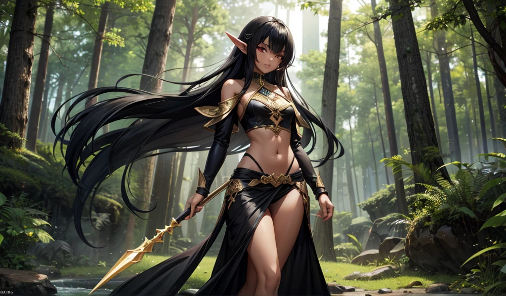 Black-haired elf with pointed ears,dark skin,black persian clothing,cleavage,Bare waist,transparent long skirt,thong ,forest