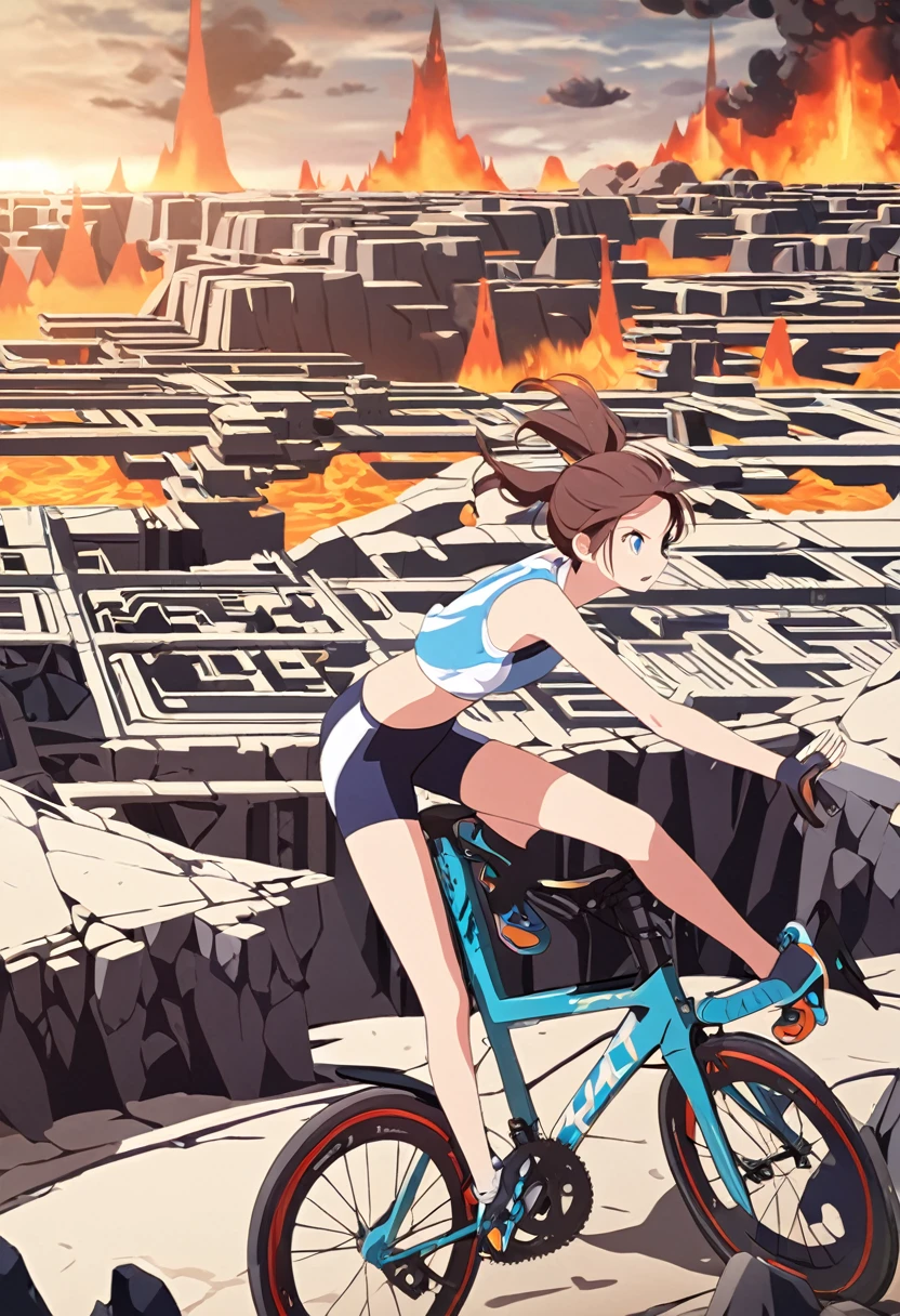 a girl rides a bicycle, in running shorts, short shorts, complex plumbing structure, volcanic city
