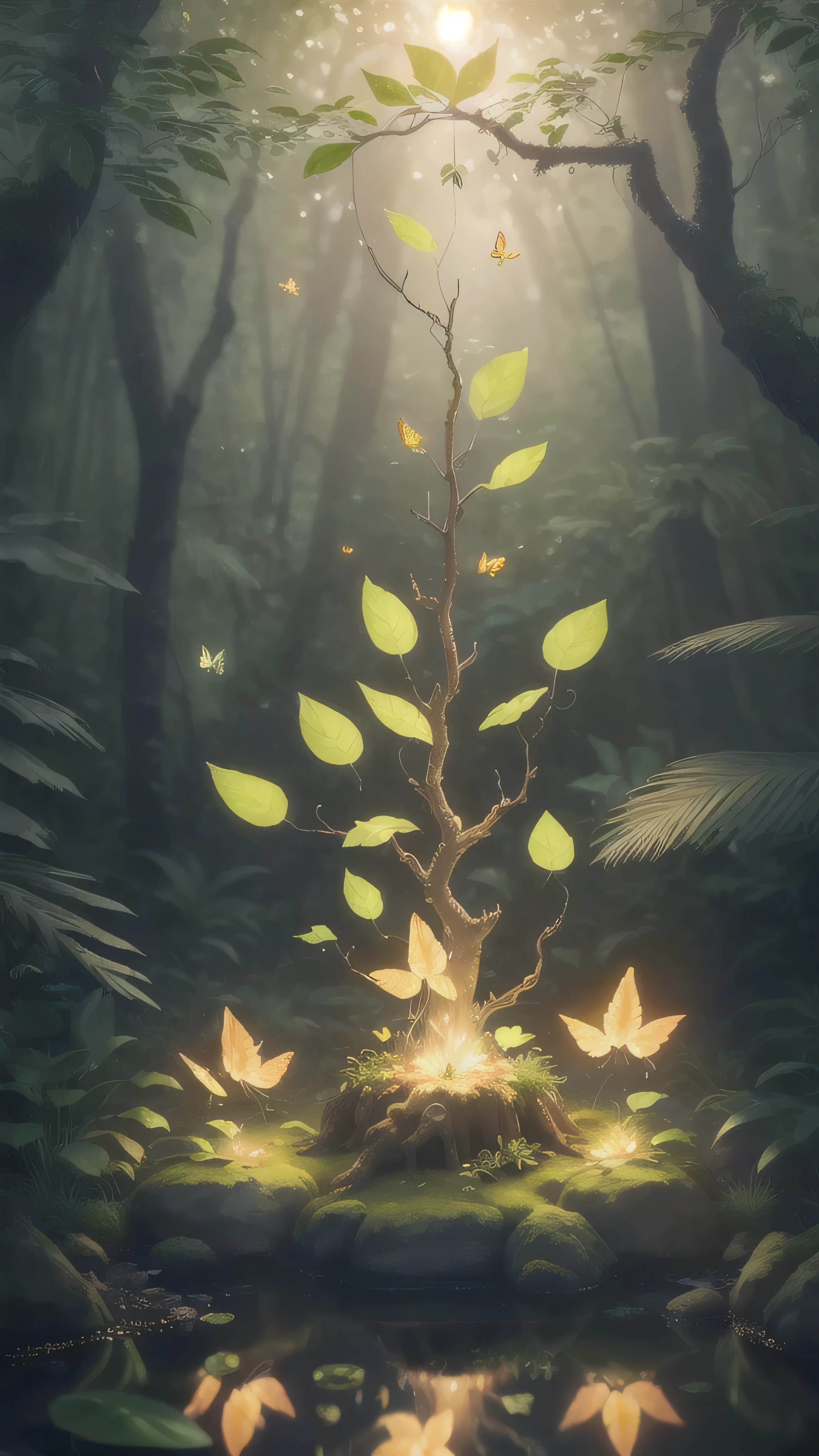 masterpiece, the Highest quality, Amazing reflection, Best reflection ever. (Very detailed CG Unity 8K wallpaper), (Highest quality), (Best illustrations), forest theme with Natural elements. Tall tree々, Quiet Stream, shineing little mushrooms surrounded by delicate leaf and branches, as well as fire Fly and shineing Particle Effects fawns, Colorful flowers,, (Natural elements), (Jungle theme), (leaf), (Twig), (fire Fly), butterfly, (delicate leaf), (shine), (Particle Effects). , Isometric 3D, Octane Rendering, Ray Tracing, Very detailed