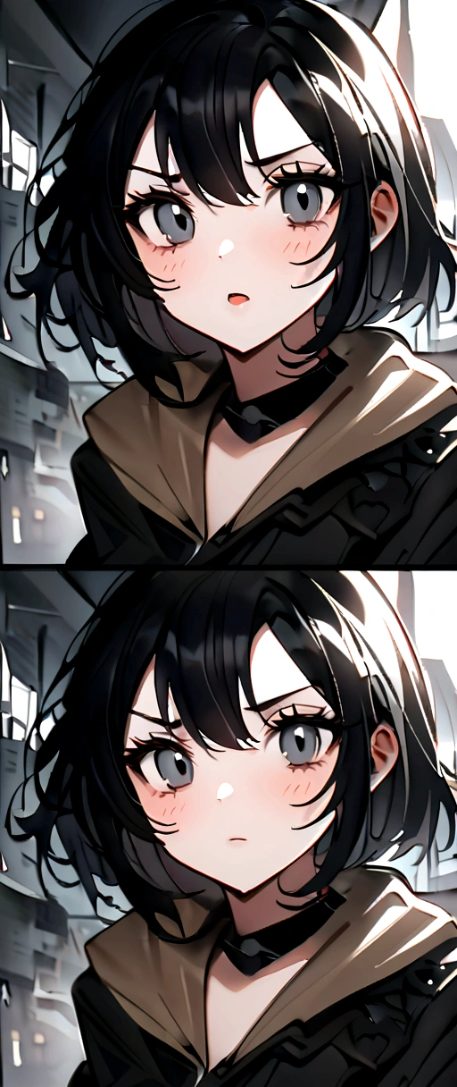 (work of art, best qualityer, ultra detali), 1 girl, KureKarura, gray sclera, white pupils, gazing at viewer, sitting down, in town, Aloneeyes:detaileds: detaileds como cílios longos e espessos, Well-defined eyebrows and bags under the eyes are commonly used to enhance the expressiveness of the eyes and add personality to characters.. Functions: Emotional expression: Anime eyes are powerful tools for communicating emotions. Your size, forma, color and brightness can change instantly to convey joy, suru, anger, SURPRISE, fear and other complex emotions.