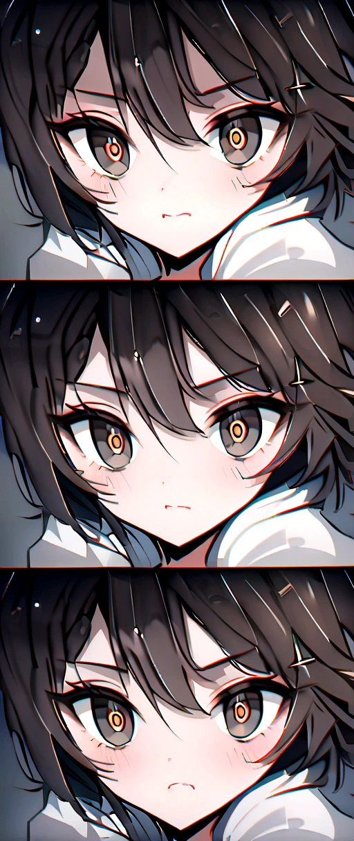 (work of art, best qualityer, ultra detali), 1 girl, KureKarura, gray sclera, white pupils, gazing at viewer, sitting down, in town, Aloneeyes:detaileds: detaileds como cílios longos e espessos, Well-defined eyebrows and bags under the eyes are commonly used to enhance the expressiveness of the eyes and add personality to characters.. Functions: Emotional expression: Anime eyes are powerful tools for communicating emotions. Your size, forma, color and brightness can change instantly to convey joy, suru, anger, SURPRISE, fear and other complex emotions.