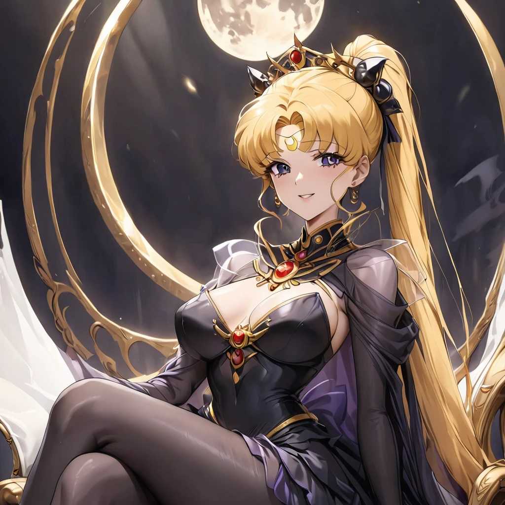 ((Highest quality)), ((masterpiece)), (detailed), （Perfect Face）、Black moon mark on forehead、The woman is Black Serenity, the noble dark queen of the Black Moon clan and has blonde hair.２A woman with long hair tied up in a ponytail is Princess Serenity, sitting on a luxurious throne.、The woman has a black inverted crescent moon mark on her forehead, a gorgeous, glittering long lolita gothic Victorian dress with a black veil and a black see-through cape, and is wearing luxurious jeweled accessories. She is the queen of darkness, the jet-black Princess Serenity, looking at the camera with a happy expression, and has the expression of a maiden in love.